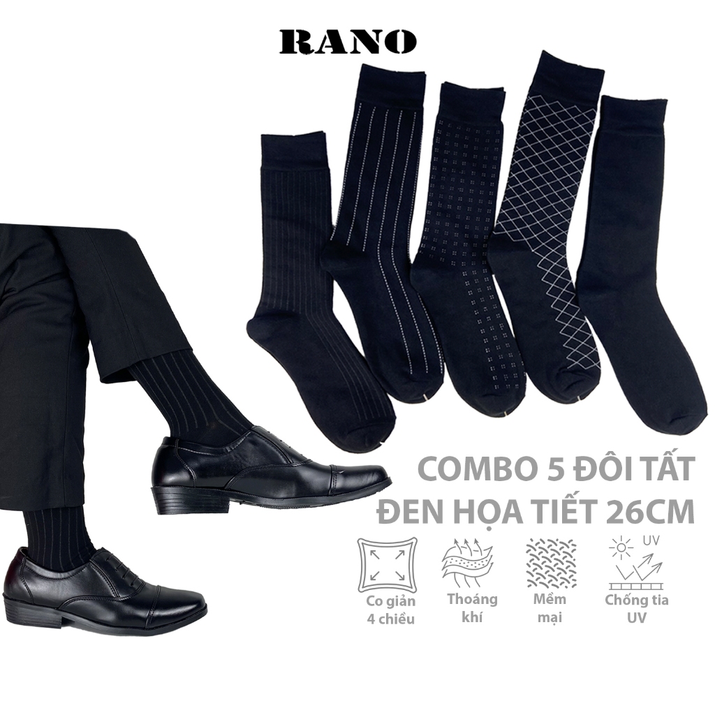 [Combo 5 Đôi] Tất Giày Tây Đen Cổ Cao 30-32cm Họa Tiết trắng RANO Cotton Thoáng Khí - CBCAO26CM