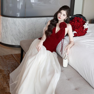  YUKINSHOP-Đầm váy nữ phối áo yếm sát nách chân váy suông dài mix vòng hoa chocher cổ ĐEN ĐỎ thiết kế sang chảnh TỰ MAY L 