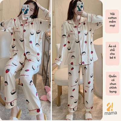 Bộ Bầu Mặc Nhà Pyjama Marưko Cotton Đồ Bầu Sau Sinh Mở 2 Bên Cho Con Bú Và Quần Chun Chỉnh Bụng, Dài Tay 2mama