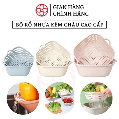 Bộ rổ vuông 2 lớp Việt Nhật gồm 6 chi tiết kèm chậu hứng nước rửa rau củ