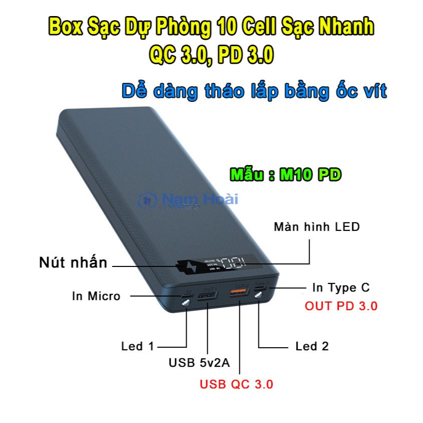 [HCM]Box sạc dự phòng 10 cell sạc nhanh QC 3.0 PD 3.0 M10 PD dể dàng tháo lắp bằng Ốc Vít (Mẫu mới 2