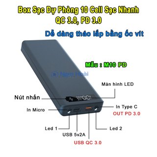   HCM Box sạc dự phòng 10 cell sạc nhanh QC 3.0 PD 3.0 M10 PD dể dàng tháo lắp bằng Ốc Vít  Mẫu mới 2024  