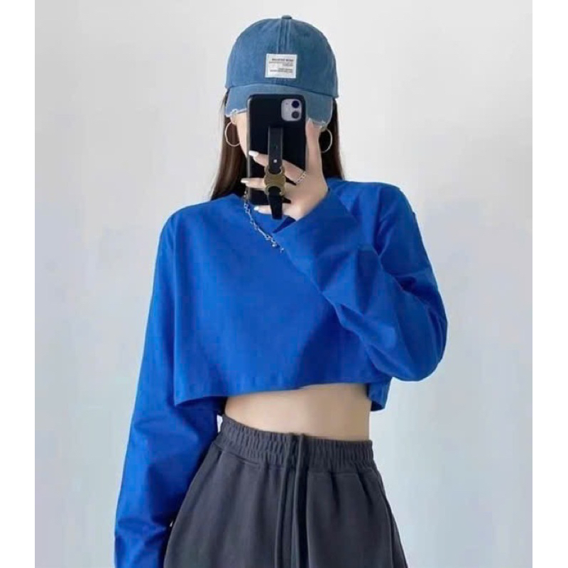 Áo tun croptop dài tay ❌❌❌ u117, ÁO THUN CROPTOP TAY DÀI TRƠN FORM RỘNG GZHOU