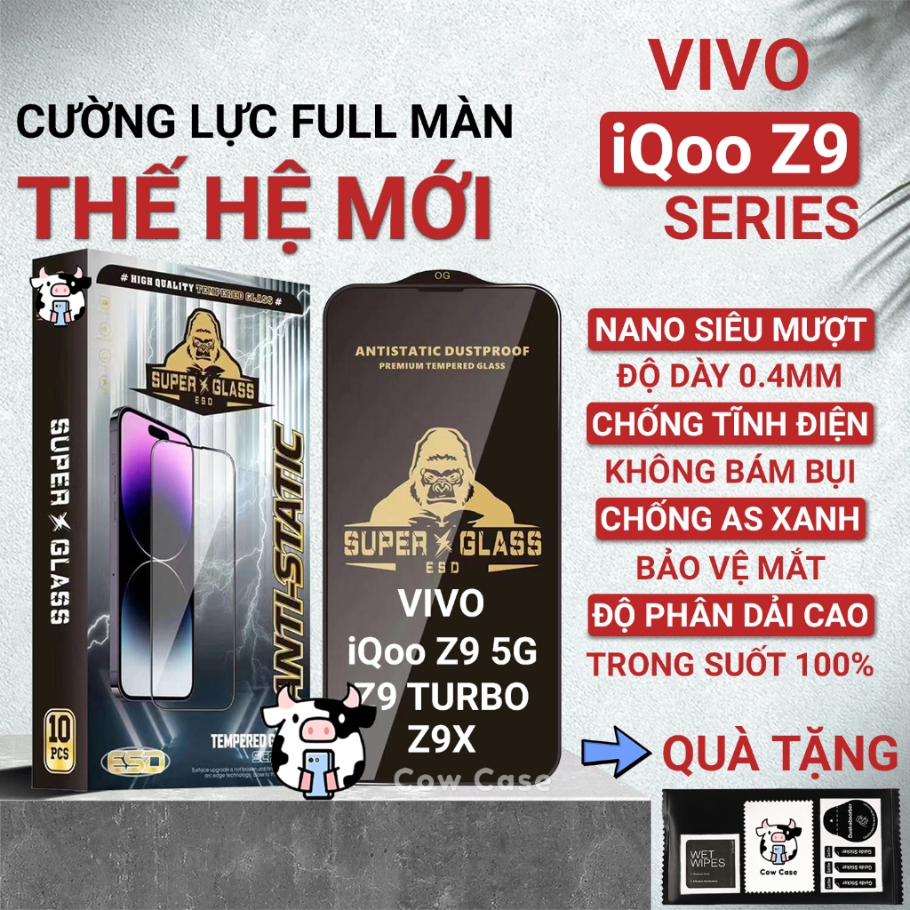Cường lực iQoo Z9 Turbo, Z9 5G, Z9x, Z9 Lite/Plus full màn | Miếng dán kính bảo vệ màn hình cho Vivo Cowcase