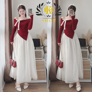  Đầm Dự Tiệc Set Váy Nữ Trễ Vai Đính Nơ Chất Vải Len Tăm Mềm Mại Chân Váy Voan Tơ 2 Lớp Phù Hợp Cho Các Nàng Đi Noel 2024 