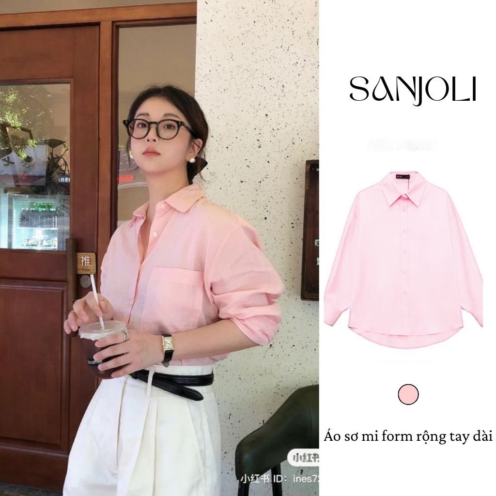 Áo sơ mi nữ tay dài SANJOLI sơ mi công sở phong cách hàn quốc cúc trắng màu hồng pastel  AO014