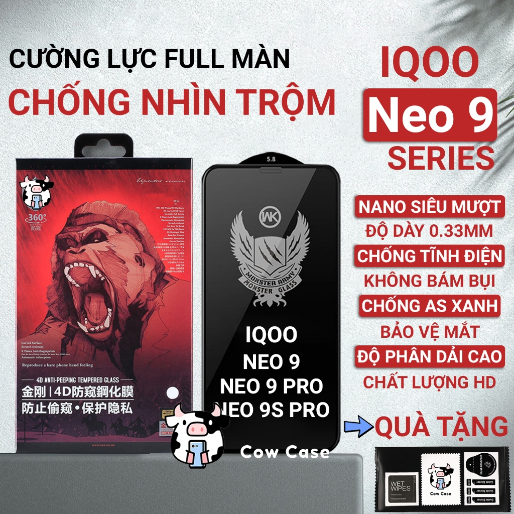 Cường lực iQoo Neo 9, Neo9 Pro, 9s Pro Plus chống nhìn trộm full màn | Miếng dán kính bảo vệ màn hình cho Vivo