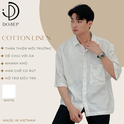 DODEP Áo sơ mi nam linen viscose tay ngắn oversize