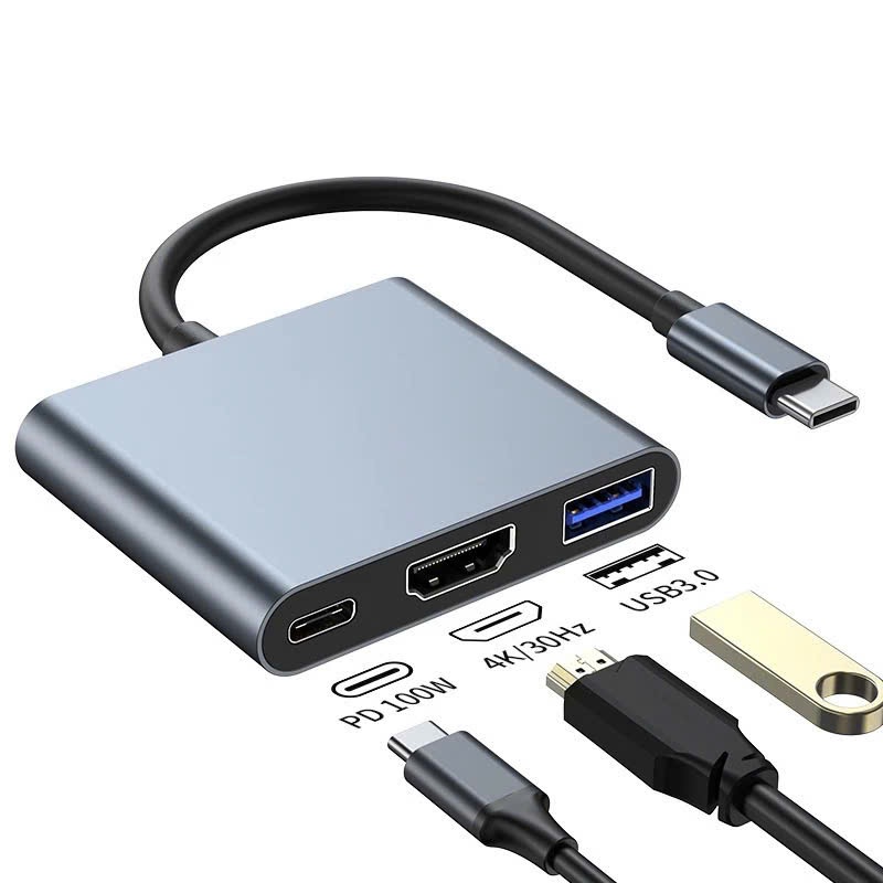 Cáp chuyển 3 trong 1 Type-C ra HDMI LAN 4K/ USB 3.0/ Type C cao cấp tivi máy chiếu, dùng trong trình chiếu cho máy tính