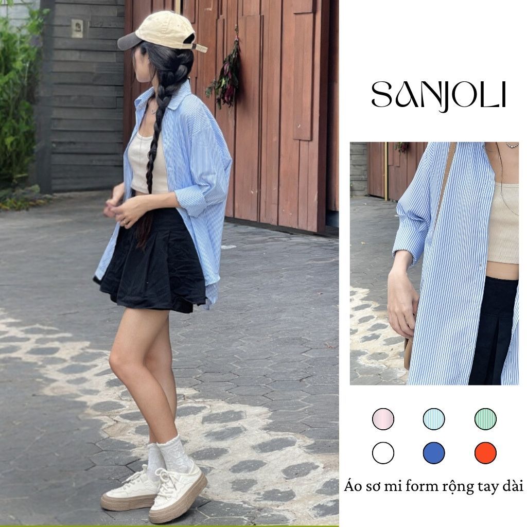 Áo sơ mi nữ SANJOLI tay dài cao cấp áo sơ mi sọc công sở ovesize vải kate Mỹ AO014