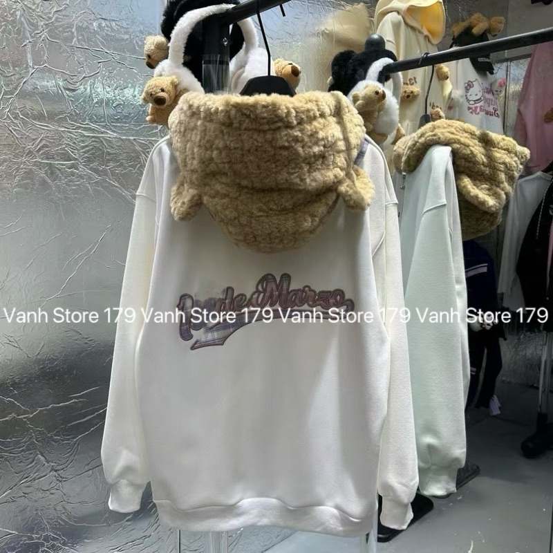 Áo khoác nỉ mũ gấu phối cổ sơmi 13dmz