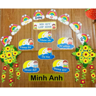 Bộ Khẩu hiệu Mỗi ngày đến trường là một ngày vui và nội quy lớp mình kèm 2 hoa trang trí lớp học sẵn keo dán