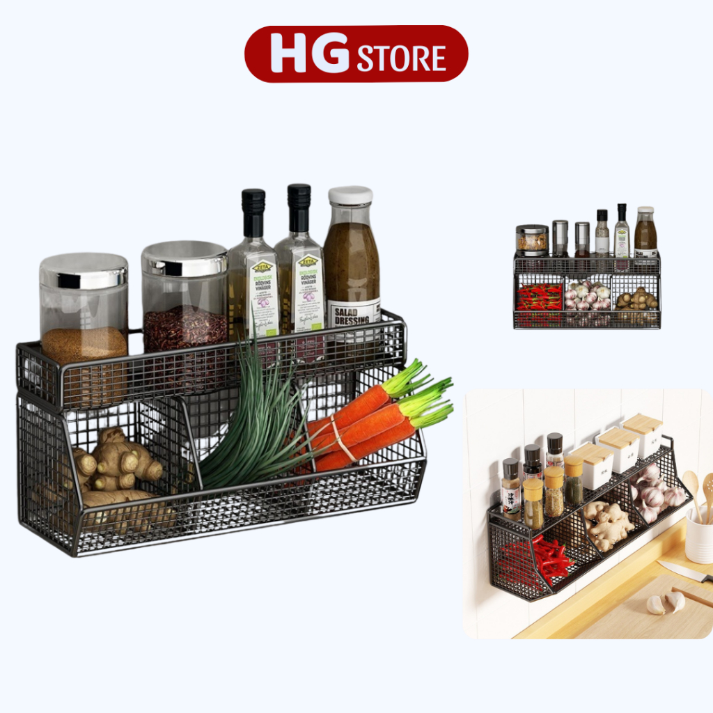 Kệ Để Đồ Nhà Bếp, Nhà Tắm Dán Tường, Giỏ Đựng Hành Tỏi Kèm Khay Đựng Gia Vị , Tiện Ích