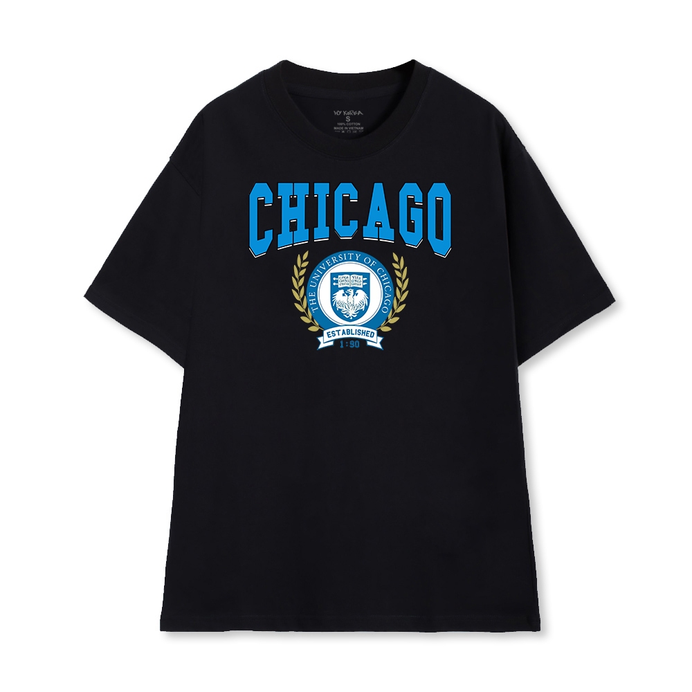 Cao cấp - Áo thun oversize tay lỡ in chữ CHICAGO và logo The University of Chicago
