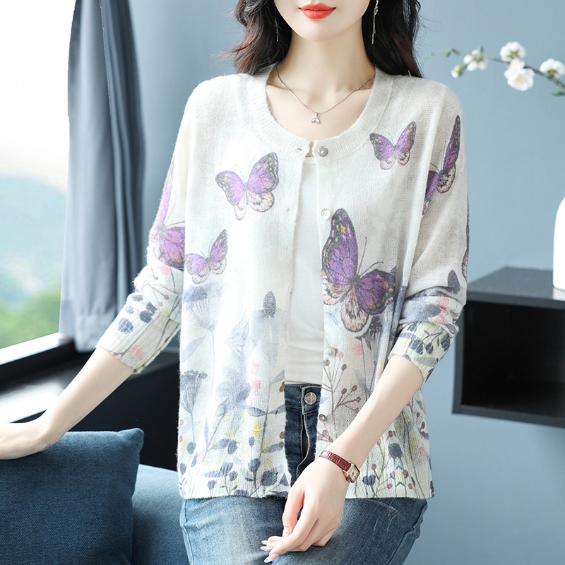 Áo len cardigan dài tay KAMAKA cổ tròn in họa tiết- A513