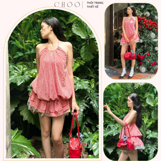 LILA DRESS| Đầm cổ yếm thiết kế dáng xòe caro đỏ đi chơi, dạo phố trẻ trung, năng động (KÈM QUẦN) - CHOOVN