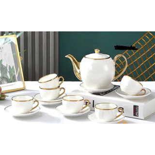 Bộ bình tách / ấm chén uống trà sứ trắng viền vàng tráng men cao cấp