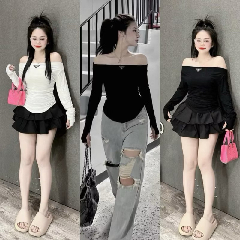 Áo trễ vai chất thun lạnh tang tam giác dài tay , Áo kiểu TRỄ VAI logo PRAD A nhúng eo ( xỏ ngón ) nữ chơi -Thiên Yết | BigBuy360 - bigbuy360.vn