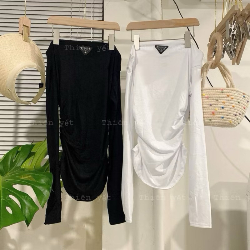 Áo trễ vai chất thun lạnh tang tam giác dài tay , Áo kiểu TRỄ VAI logo PRAD A nhúng eo ( xỏ ngón ) nữ chơi -Thiên Yết | BigBuy360 - bigbuy360.vn