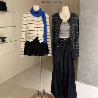Áo len cardigan nữ WG.WE Kẻ sọc ngang Tay dài Thu Đông Áo cardigan len dệt kim nữ Sọc ngang Dài tay Giữ ấm