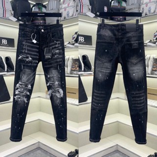 Quần jean bò nam DSQ slimfit đen xám wash rách tua sợi lót vải vảy sơn dập nhăn 3D 4 cúc boy phố QJ626P