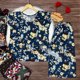 Bộ đồ mặc nhà trung niên cho mẹ thun lạnh thái hoạ tiết quần lửng ống rộng phom 40-82kg - TG21