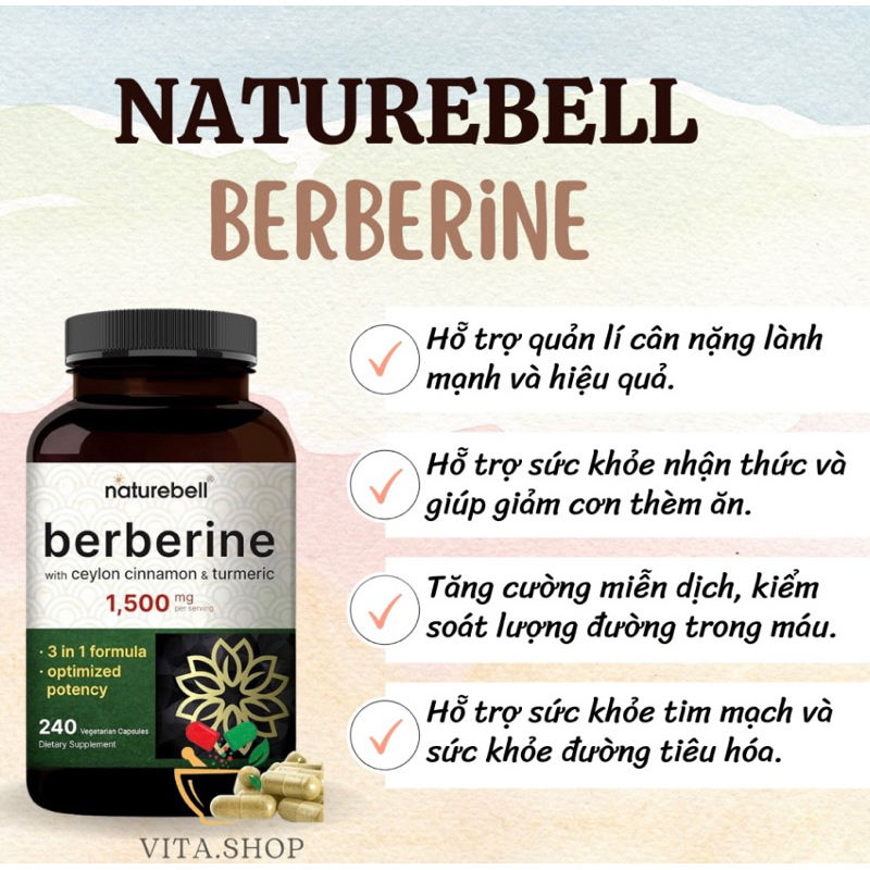 NatureBell Berberine 1500mg Viên Uống Hỗ Trợ Lượng Đường Trong Máu, Sức Khỏe Tim Mạch & Tiêu Hóa