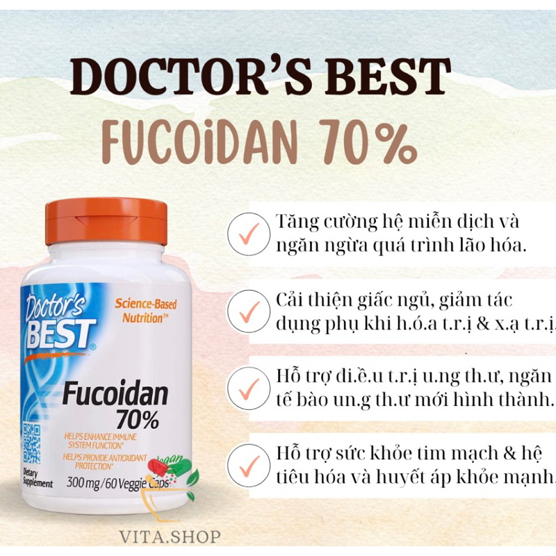 Doctor's Best Fucoidan 70% 300mg viên uống tăng cường sức khỏe, ngừa ung thư 60 viên
