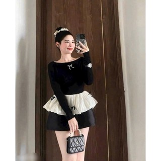 BIGSIZE HIẾU HIẾU (55-95KG) - Set thời trang nữ Áo body tay dài trễ vai phối voan bí nơ + Chân váy ngắn