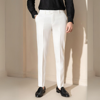 Quần tây quần âu nam màu trắng kem vải cotton không bai không xù dáng công sở ống đứng hơi côn