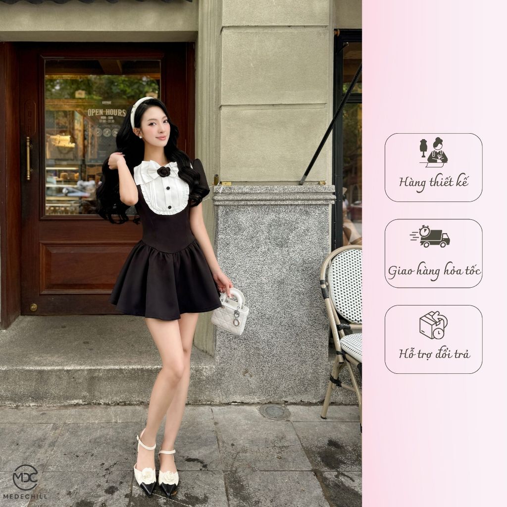 Váy Đầm Tiểu Thư Dáng Xoè Cổ Yếm Thắt Nơ Chất Chéo Rubi Nổi Bật Dáng Váy Thanh Lịch V1251 Medechill