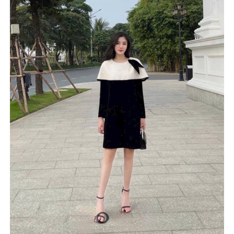 Váy nhung dài tay phối cổ dáng suông xinh .Đầm bầu thiết kế An An