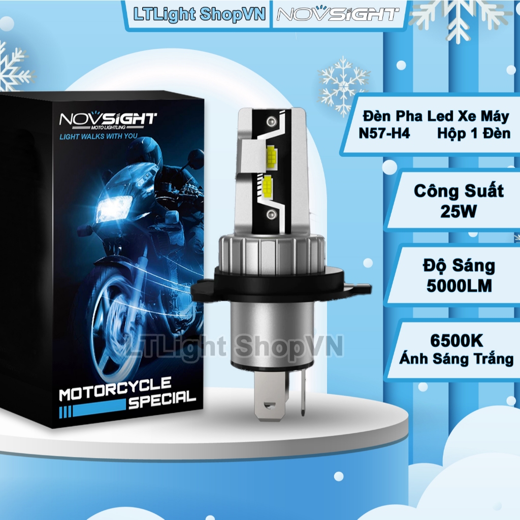Đèn Pha Led Xe Máy Novsight N57 25W Ánh Sáng Trắng 6500K Độ Sáng 5000LM [H4] Bóng Led Trắng Pha Cos