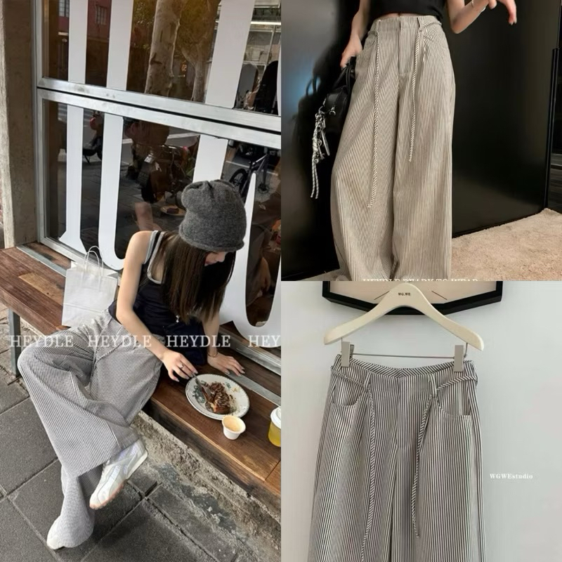 Quần Thô Dài Kẻ Sọc đen Trắng Ống Rộng Cạp Cao Hàng QC WGWE 9809
