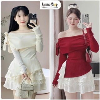  Set Áo Tay Dài Trễ Vai Xẻ Vạt Nơ Tay ,Chân Váy Xòe Nhiều Tầng Phối Ren  Có tách lẻ  