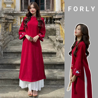 Set áo dài hoa thêu Forly Studio nhung tăm màu đỏ kèm chân váy trắng voan xoè dài T026