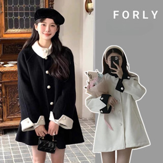 Áo khoác dạ tiểu thư Forly dáng suông dài cổ bẻ gài cúc ngọc T005