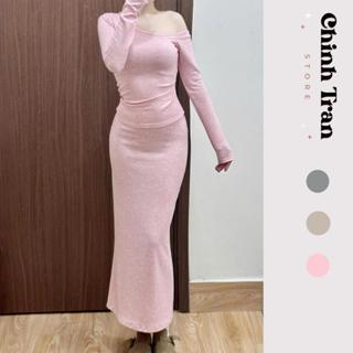 Set Bộ Áo Và Chân Váy Dài Lệch Vai Nữ Thu Đông - Chinh Trần Store