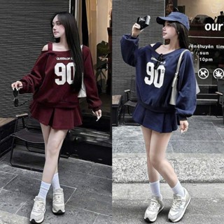 Set váy bigsize 60-90kg, bộ nữ áo tay dài trễ vai in số 90 mix chân váy xoè chất nỉ mì mềm đẹp