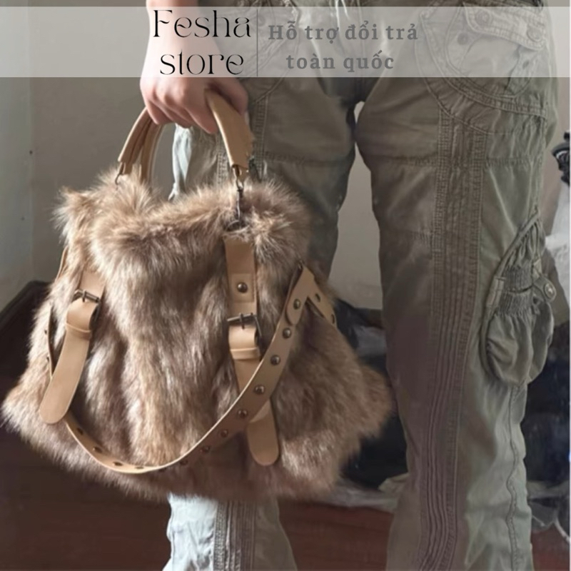 Túi tote lông nâu khói Y2K form rộng style 90s Highschool Chic thời trang Âu Mỹ_ảnh thật kéo cuối