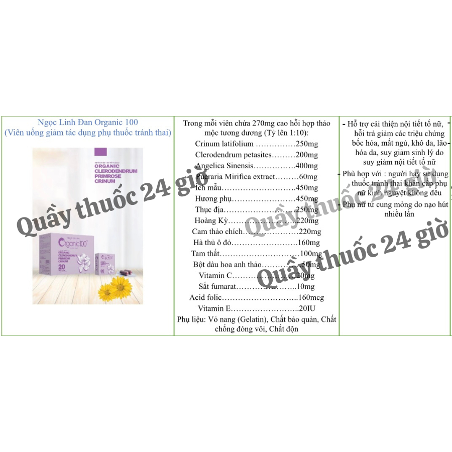 Viên uống giảm tác dụng phụ của tránh thai khẩn cấp Ngọc Linh Đan Organic100 hộp 2 viên Che tên sản phẩm