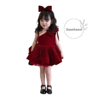 Váy nhung đỏ bé gái lệch vai đính đá kèm bờm nơ 10-30kg XHN1628