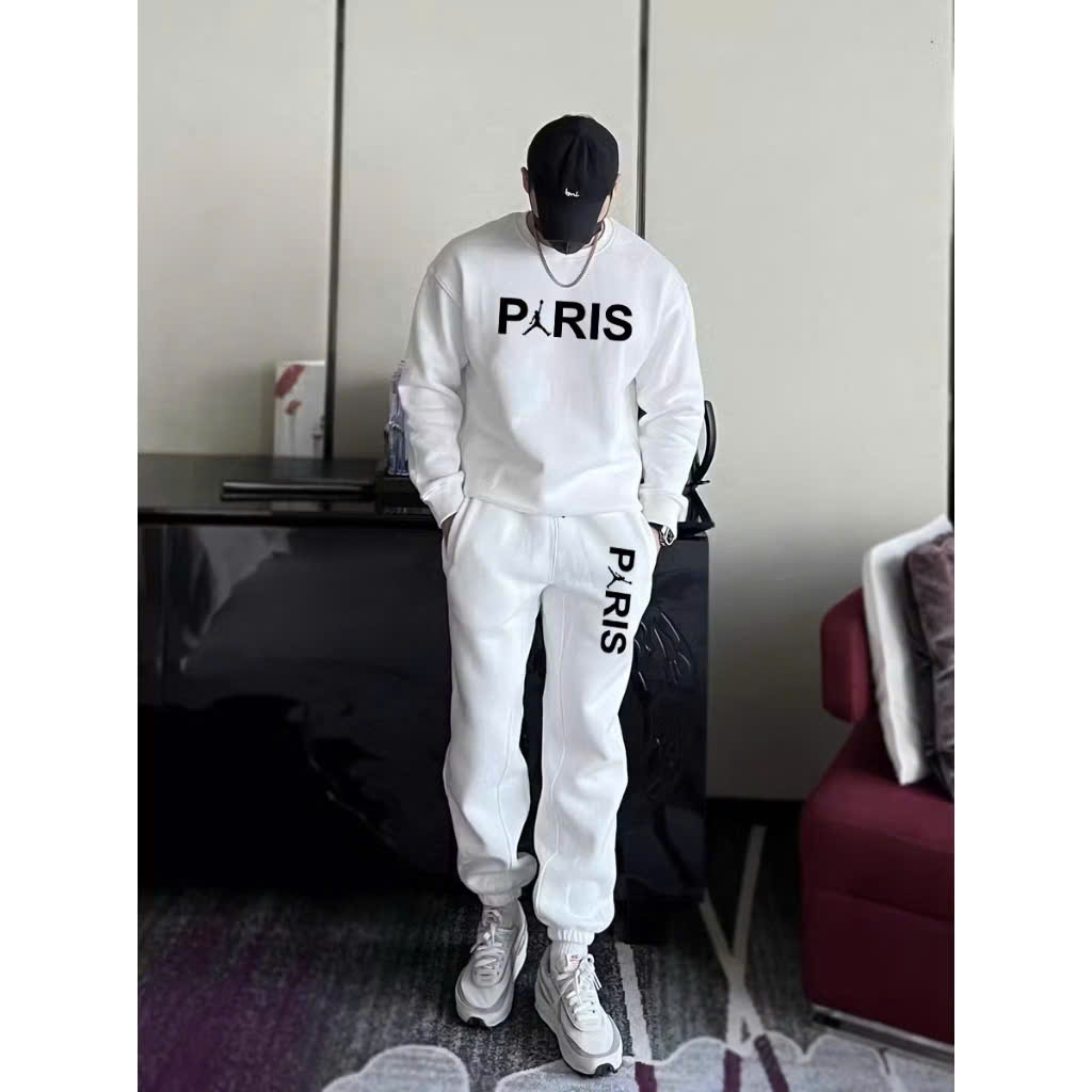 BỘ THỂ THAO THU ĐÔNG , BỘ NỈ CAO CẤP PARIS CỔ TRÒN BO CHUN PHỐI CHỮ BASIC