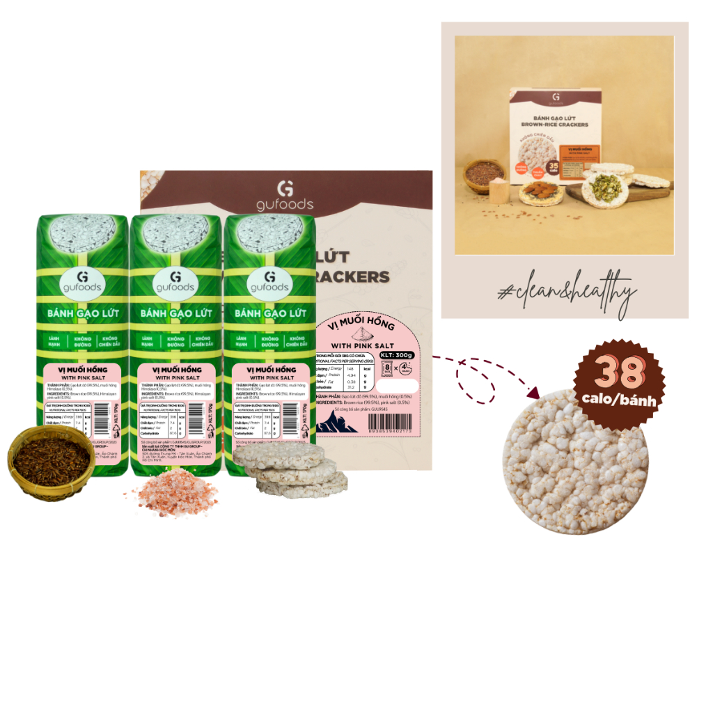 Bánh gạo lứt ăn kiêng vị muối hồng GUfoods (170g/300g/510g)-Mặn mà là chân ái, Bùi thơm, Không đường, Phù hợp Thực dưỡng