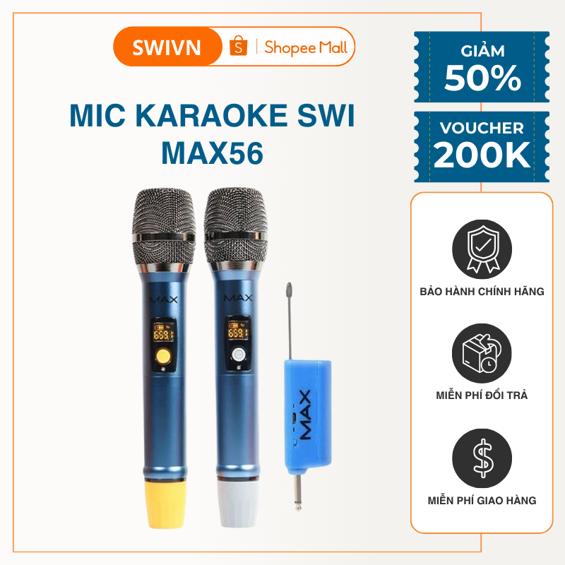 Micro Không Dây Pin Sạc MAX 56 Pin Sạc, Âm Thanh Chuẩn Chống Hú Rít - Bảo Hành 12 Tháng