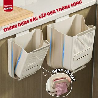 Thùng rác treo tủ bếp gấp gọn thông minh 10L và 7L ngăn đựng túi rác, Thùng rác treo tường gấp gọn