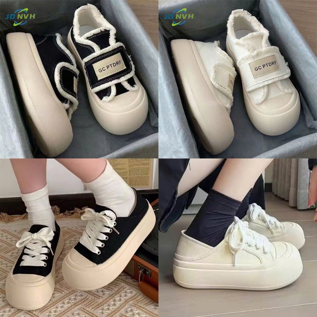Giày thể thao nữ giày đi học nữ quai dán viền tua rua vải canvas đế 5cm thời trang hàn quốc 2024