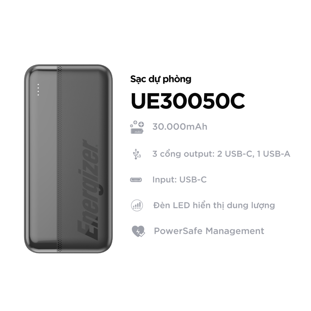Sạc dự phòng Energizer 30,000mAh/3.7V Li-Polymer - UE30050CBK