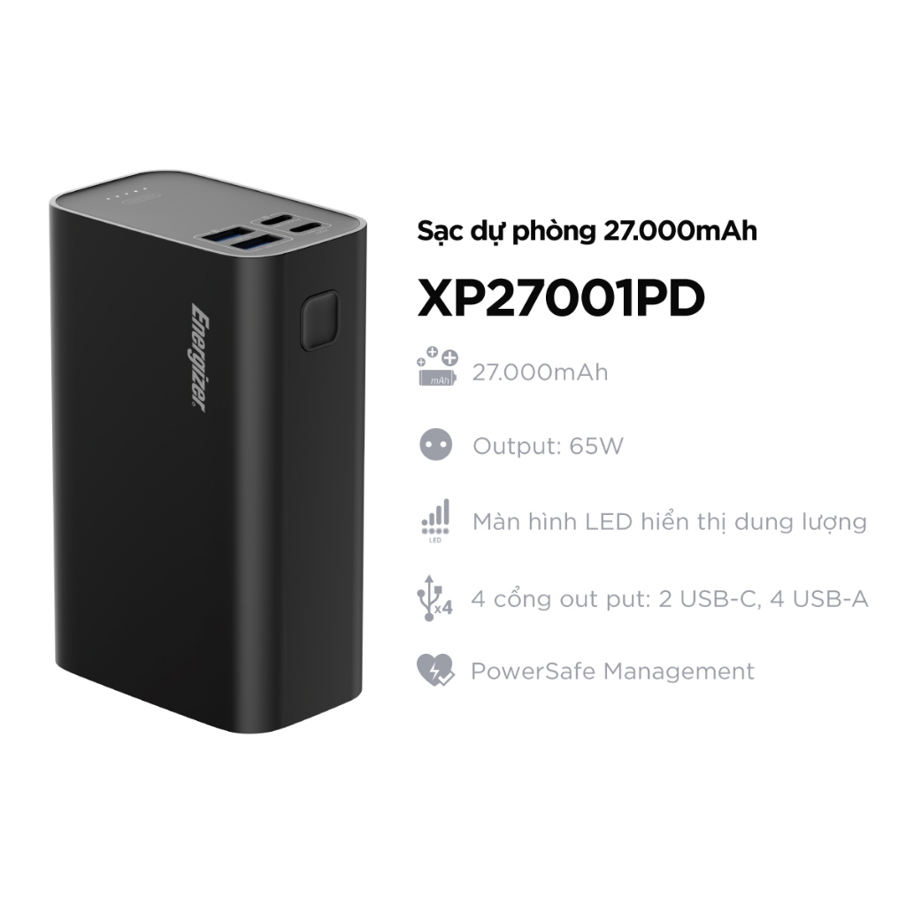 Sạc dự phòng Energizer PD65W 27,000mAh/3.7V Li-Polymer - XP27001PDBK