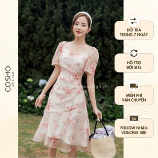 Váy đâm nữ thiết kế hoa nhí màu be dáng ôm hoa be xếp ly chéo eo gấu xòe trẻ trung năng động 10601